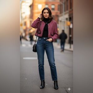 Vintage women's "chanel vibes" pink/black checkered cropped jacket L/XL